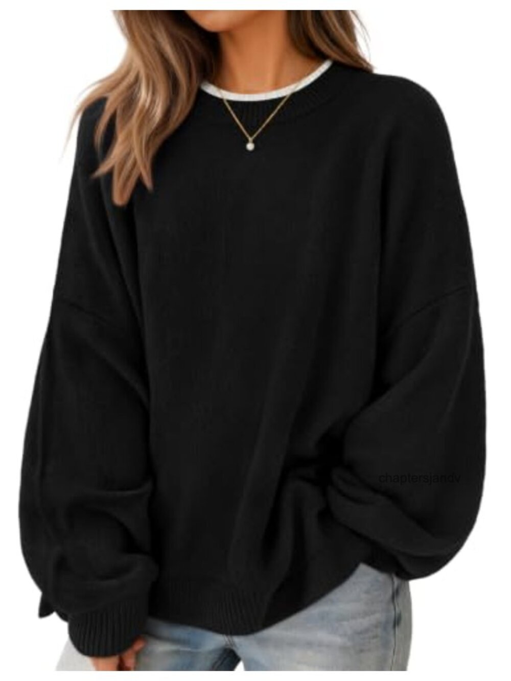 Oversized Batwing Sleeve Pullover Sweater Contrast Trim Crew Neck